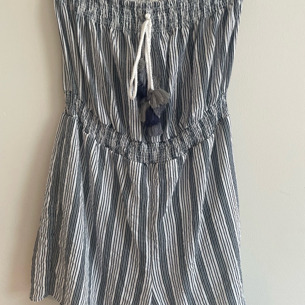 Black and White Striped Strapless Romper with Tassels